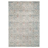 The ROMDRUP rug is a light grey floor mat with intricate blue and orange floral designs, made of polypropylene.