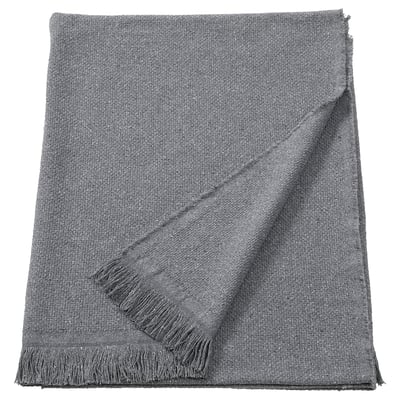 Gray RÖNNBÄRSMAL throw blanket, soft, fringed edges, rectangular shape.