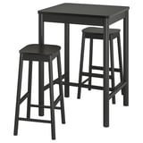 A RÖNNINGE black bar set with a square table and two matching stools, made of wood with metal accents.