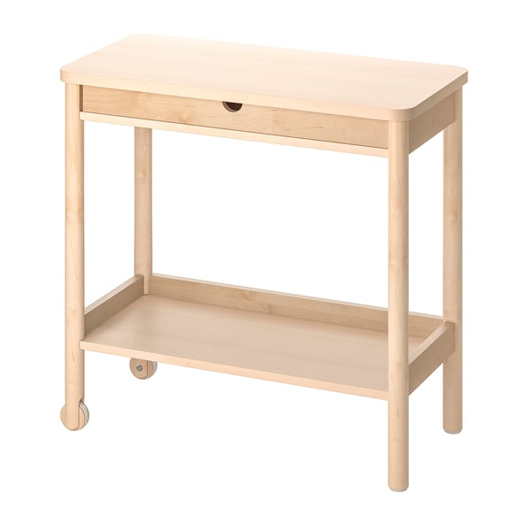 RÖNNINGE lightweight wooden trolley, light beige, birch, rectangular, four legs, single drawer.