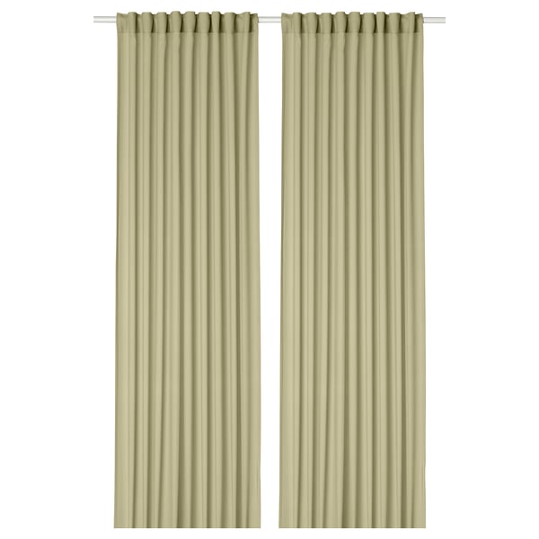 Two sheer olive green curtains hang side by side, with rod pockets at the top. Made from 100% recycled polyester.