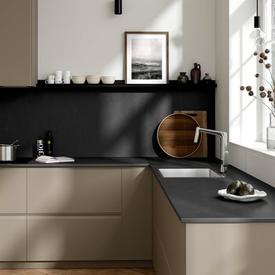 RUNSBÄCK Custom made wall panel, matt black/stone effect high pressure porcelain, 1 m²x1.2 cm