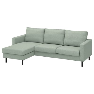 Modern light green sectional sofa with left or right chaise, clean lines, and black metal legs.