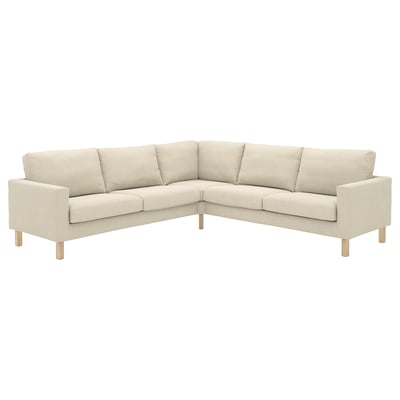 Light beige, corner sofa, upholstered, clean lines.