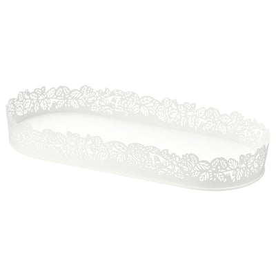 Is of a white SAMVERKA rectangular candle dish with a leafy design, made of polyester powder coated steel.