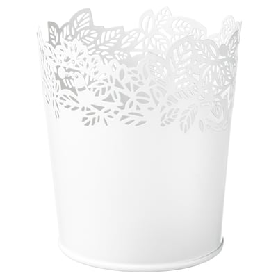 White decorative flowerpot SAMVERKA, steel with leaf cutouts.