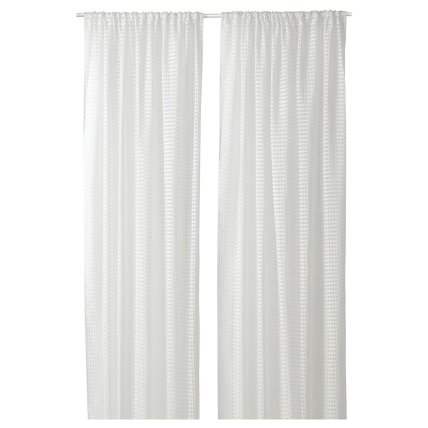 Two white sheer curtains with a subtle check pattern, made from 100% recycled polyester.