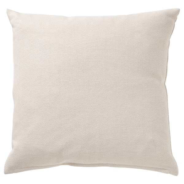 A beige SANDTRAV cushion with a textured cotton cover and feather filling, zippered for easy cleaning.