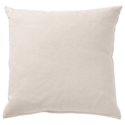 A beige SANDTRAV cushion with a textured cotton cover and feather filling, zippered for easy cleaning.