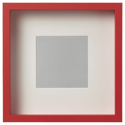 Red square picture frame with blue center, white mat.