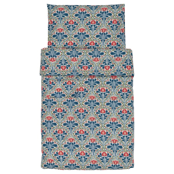 SÄTERVIDE Duvet cover 1 pillowcase for cot, white blue/floral pattern, 110x125/35x55 cm