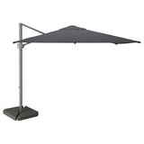 Gray cantilever patio umbrella with square concrete base; provides uv protection.