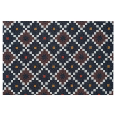 SEKRETESS floor mat, dark background with colorful squares, recycled polyester, non-slip rubber back.