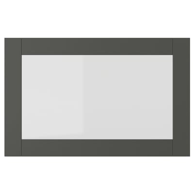 SINDVIK dark grey cabinet with clear glass front. Modern rectangular design. Dust-resistant, visible storage.