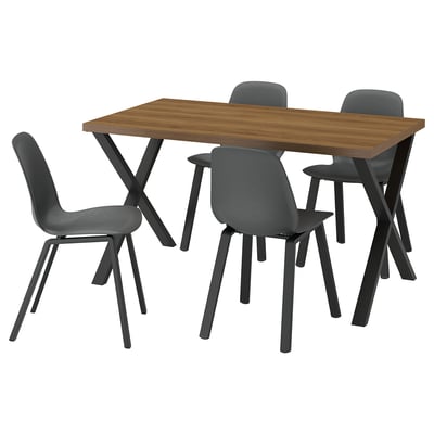 SKÅLSTA Table and 4 chairs, walnut effect X-shaped black-grey/plastic black profiled metal/black-grey, 140x80 cm