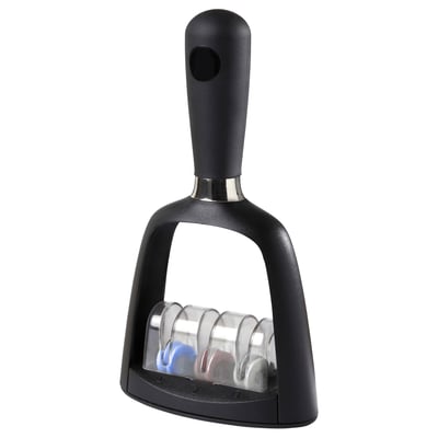 Black knife sharpener with 3 slots, textured grip, and abs plastic body.
