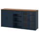 Option: A blue SKRUVBY sideboard with oak top, featuring cabinets and glass doors, perfect for storage.