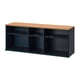 Option: A SKRUVBY tv bench in oak and dark blue. It open shelves and a spacious top panel.