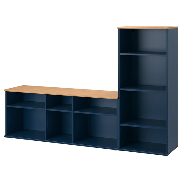 Navy tv bench & bookcase set, light wood top, open shelves.