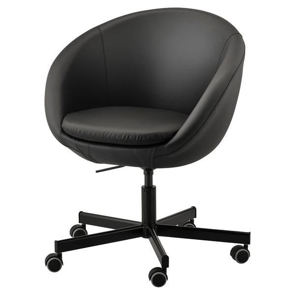 Black IKEA SKRUVSTA office chair, round with high back, padded seat, adjustable height, swivel base, and casters.