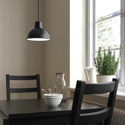Minimalist dining setup with SKURUP lamp, dark table, chairs, and plant by window.