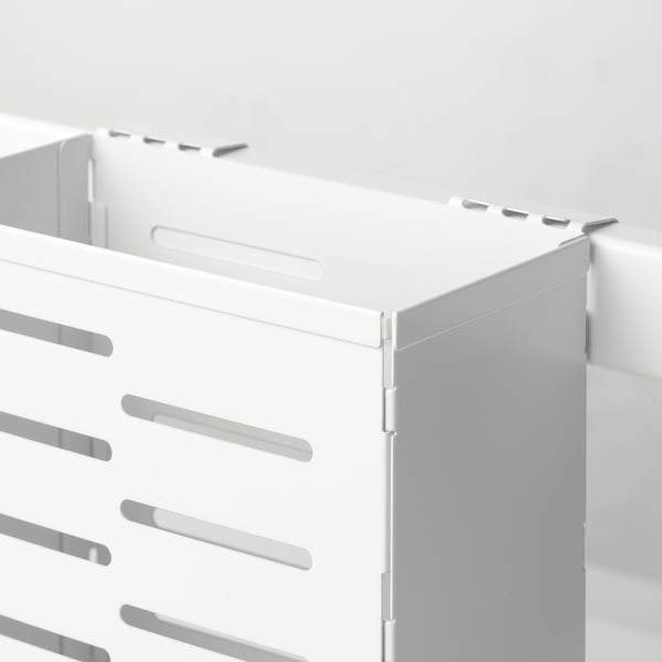 Modern, white dish drainer with adjustable legs, hooks, and trays ensuring stability and efficient drying.