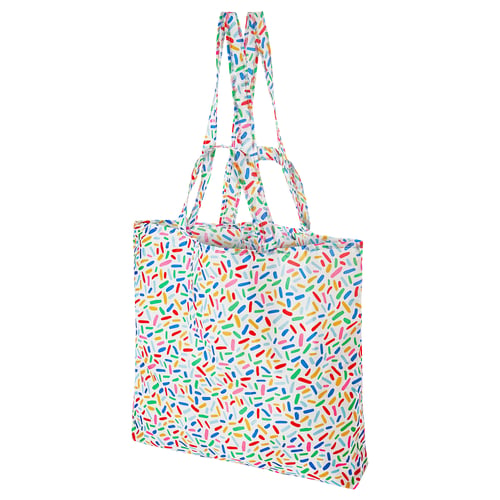 SKYNKE reusable shopping bag, white with colourful print, handles, foldable, eco-friendly, recycled material.