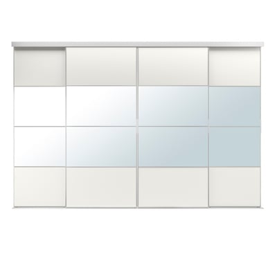 SKYTTA white modern sliding closet door with three clear glass panels and two solid white panels, framed in aluminium.