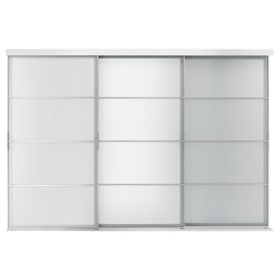 Displays a white SKYTTA sliding door system with frosted glass panels and aluminum frames.