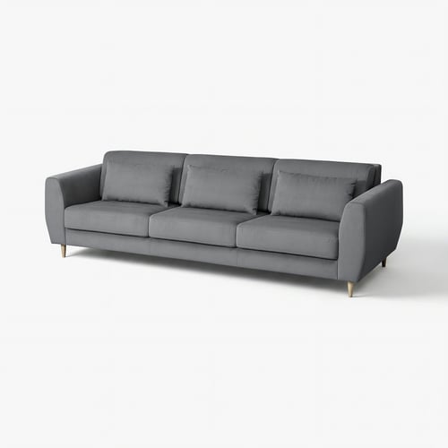 Modern grey fabric sofa, 3 seat cushions, wooden legs, minimalist design.