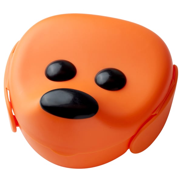 Orange, round plastic lunch box with wide eyes and turned-up ears, designed as a smiling face, great for kids.