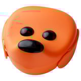 Orange, round plastic lunch box with wide eyes and turned-up ears, designed as a smiling face, great for kids.