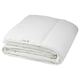 Option: A white SMÅSPORRE duvet, soft and fluffy, made from recycled polyester and cotton, folded neatly.
