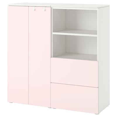 SMÅSTAD storage unit: light pink & white, mix of cupboards, shelves & drawers, modern, child-friendly design.