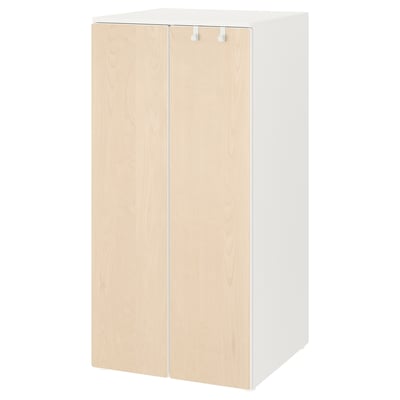 A white and light wood-colored SMÅSTAD wardrobe for children, featuring adjustable interiors and soft-closing doors.