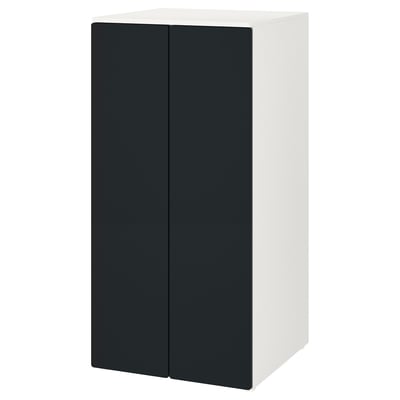 White & black SMÅSTAD storage cabinet for kids, tall rectangular unit with 2 doors & adjustable feet.
