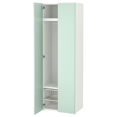 SMÅSTAD wardrobe in light green with white interior, adjustable shelves, and soft-closing doors.