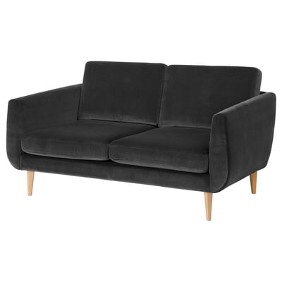 SMEDSTORP velvet grey sofa, mid-century design, soft shapes, wooden legs.