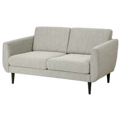 SMEDSTORP sofa: gray, fabric, mid-century style, two cushions, cone legs.