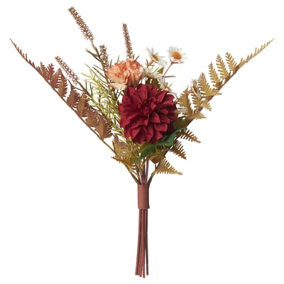 Artificial bouquet with red flowers, green leaves, and brown stems, made from recycled materials, arranged in a natural, colorful design.
