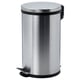 SNÖRPA small stainless steel pedal bin with black accents, sleek cylindrical design. Ideal for small spaces with handle for easy movement.