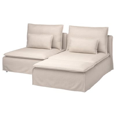 SÖDERHAMN beige sofa: modern, l-shaped, deep seating with removable cushions, light fabric cover, relaxed design.