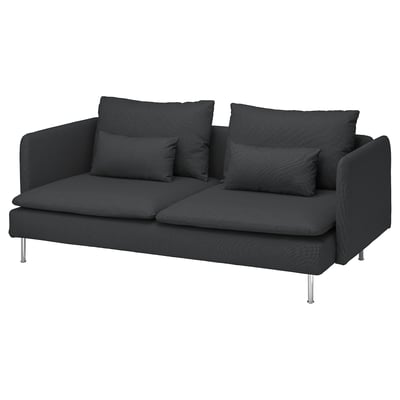 An ikea SÖDERHAMN sofa with dark gray fabric, featuring a modern, low-profile design with deep seats and loose back cushions.