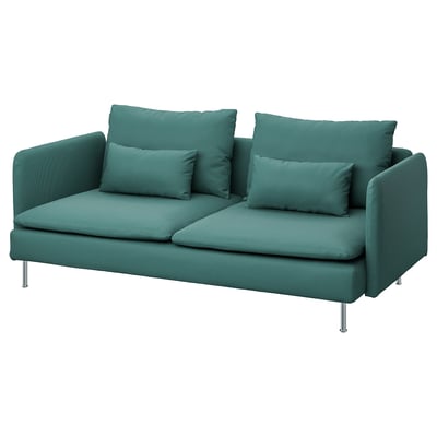 Soderhamn teal sofa, modern design with deep seats and four cushions, supported by metal legs.