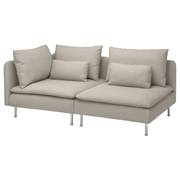 Grey ikea SÖDERHAMN sectional sofa with pattern, detachable cushions, and high legs.