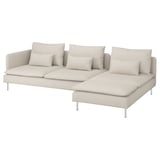 Modern light beige l-shaped sectional sofa with chrome legs, soft cushions, and minimalist design.