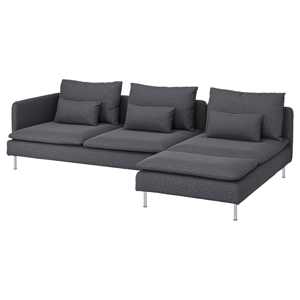 Dark grey modern sectional sofa with metal legs and multiple cushions.