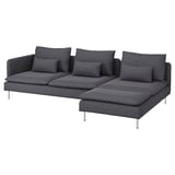 Dark grey modern sectional sofa with metal legs and multiple cushions.