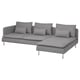 Modern grey l-shaped sectional sofa with sleek metal legs and plush cushions.