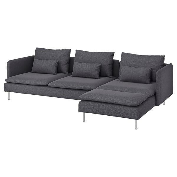 Dark grey modern sectional sofa with metal legs, featuring multiple cushions for comfort.